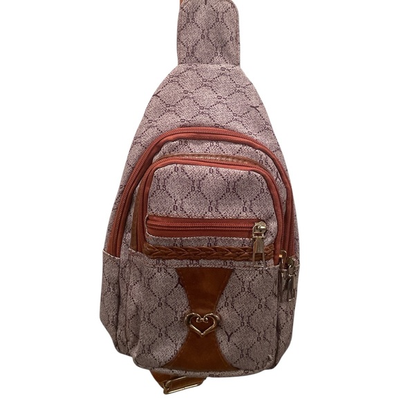 Women’s Tan/Brown Sling Crossbody Bag Nylon Vegan Leather Shoulder Pack - Picture 3 of 6